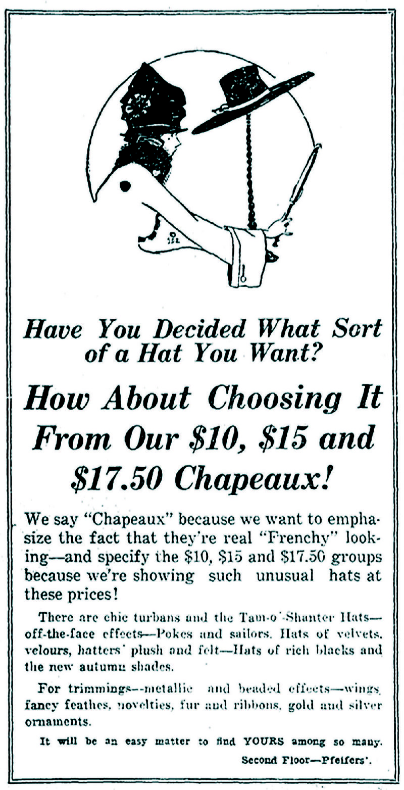 Ad for Pfeifer's Bros ladies hats in the Sept. 24, 1916 Arkansas Gazette