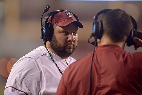 Arkansas offensive line coach Kurt Anderson watches from the sideline during a game against Texas State on Saturday, Sept. 17, 2016, in Fayetteville. 
