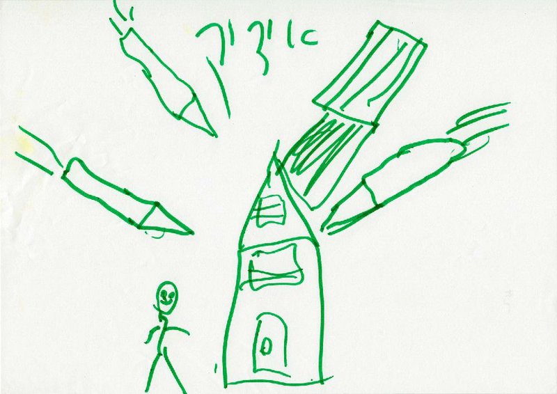 A child’s drawing (above) illustrates a rocket attack at Sderot, Israel, which is less than a mile from the border with the Gaza. 