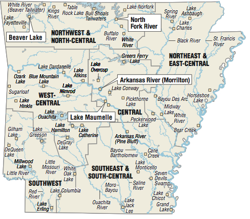 A map showing the location of Arkansas fishing spots.