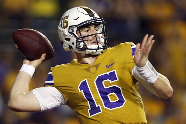 LSU quarterback Danny Etling (16) passes in the second half of an NCAA college football game against Mississippi State in Baton Rouge, La., Saturday, Sept. 17, 2016. LSU win 23-20. (AP Photo/Gerald Herbert)

