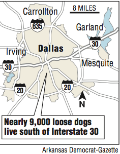 Map showing location of Loose dogs in Dallas. 