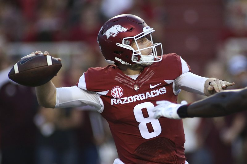 Arkansas' Austin Allen looks to pass the ball during the first quarter of an NCAA college football game against Texas State Saturday, Sept. 17, 2016 in Fayetteville, Ark. Arkansas won 42-3. (AP Photo/Samantha Baker)
