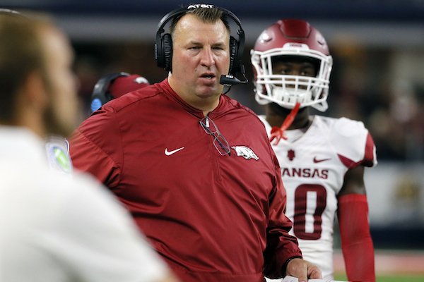 Arkansas coach Bret Bielema watches from the sideline during the first half of the team's NCAA college football game against Texas A&M, Saturday, Sept. 24, 2016, in Arlington, Texas. (AP Photo/Tony Gutierrez)
