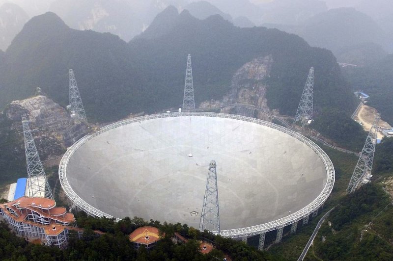 An aerial view Sunday shows the 546-yard Aperture Spherical Telescope in remote Pingtang county in southwest China’s Guizhou province.