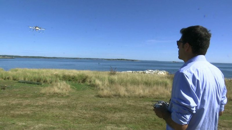 Aerospace engineer Felipe Bohorquez guides a test drone taking a UPS delivery to Children’s Island in Marblehead, Mass., last week.