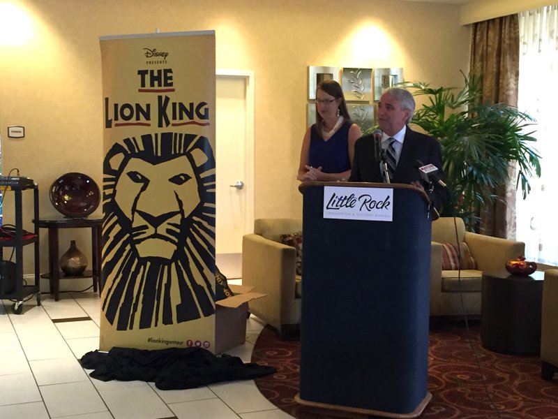 Gretchen Hall, president and CEO of the Little Rock Convention and Visitor's Bureau, (left) and Ed Payton, CEO of Celebrity Attractions, announce "The Lion King" musical production as part of Robinson Center's 2017-18 season.