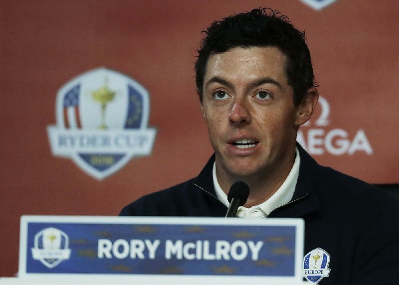 Europe's Rory McIlroy answers a question before a practice round for the Ryder Cup golf tournament Tuesday, Sept. 27, 2016, at Hazeltine National Golf Club in Chaska, Minn. 