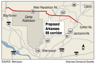 A map showing the location of proposed Arkansas 89 corridor.