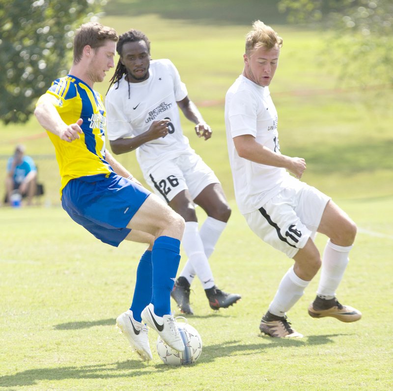 Photo courtesy of JBU Sports Information John Brown University sophomore Conner Haney, left, scored two goals in the Golden Eagles&#8217; 4-0 win over Bethel (Tenn.) on Saturday at Alumni Field. The game was originally supposed to be played Friday, but an electrical malfunction with the field lights caused the game to be delayed one day.