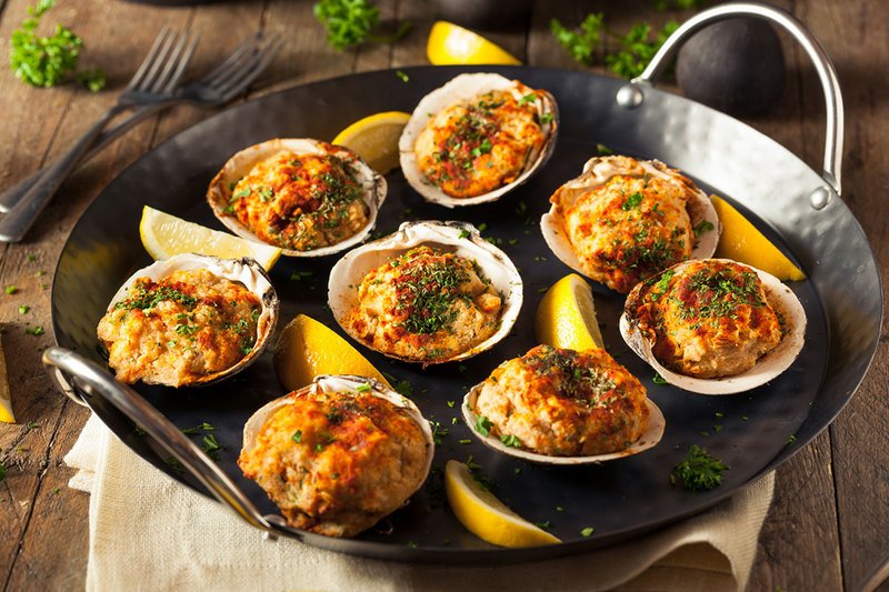 Bake the clams in a hot oven just until the filling forms a deep-golden-brown crust.
