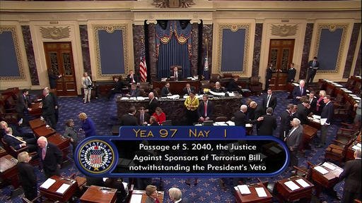 This frame grab from video provided by C-SPAN2, shows the floor of the Senate on Capitol Hill in Washington on Wednesday, Sept. 28, 2016, as the Senate acted decisively to override President Barack Obama's veto of Sept. 11 legislation, setting the stage for the contentious bill to become law despite flaws that Obama and top Pentagon officials warn could put U.S. troops and interests at risk. 