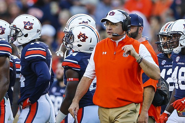 Auburn head coach Gus Malzahn reacts to a targeting call during the first half of an NCAA college football game against LSU, Saturday, Sept. 24, 2016, in Auburn, Ala. (AP Photo/Butch Dill)

