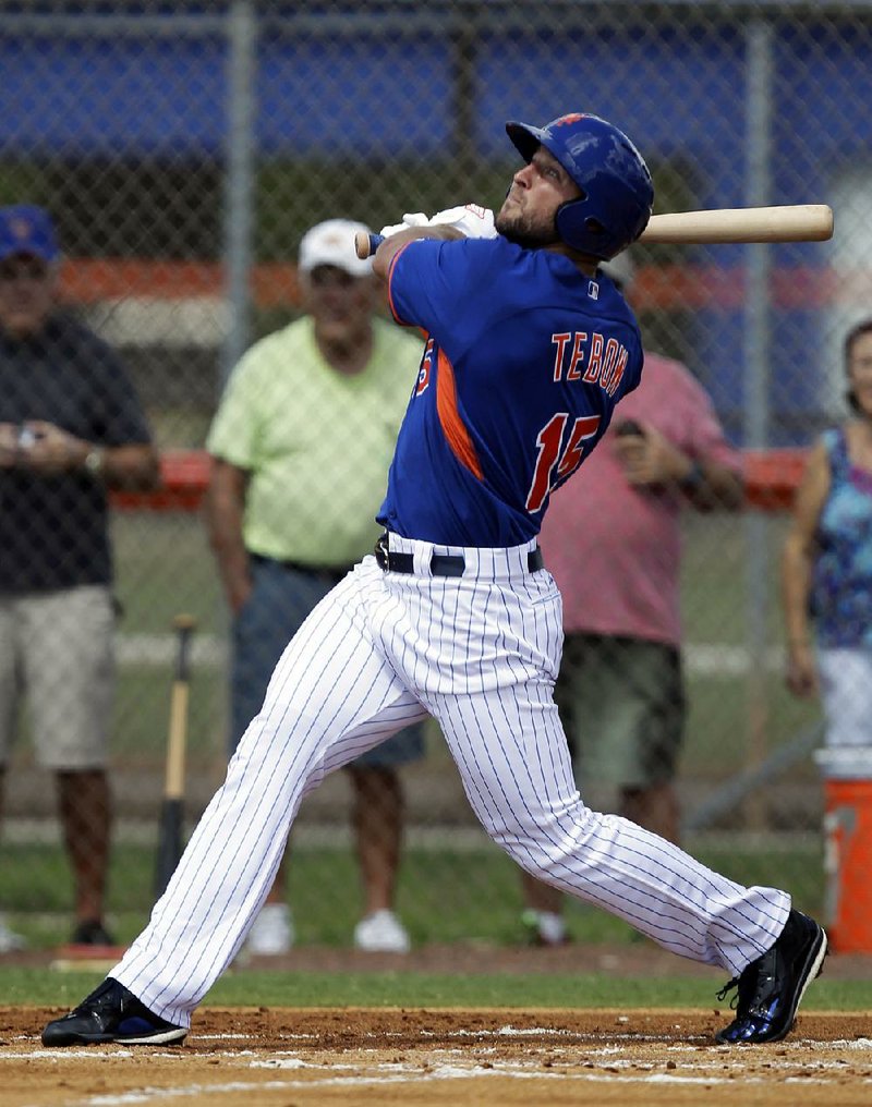 Tim Tebow hit a home run Wednesday on the first pitch he saw for the New York Mets during a Florida Instructional League game against the St. Louis Cardinals. 