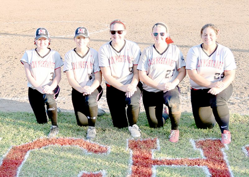 PHOTO BY RICK PECK McDonald County High School held Senior Night on Sept. 22 following the Lady Mustangs&#8217; 5-1 win over East Newton to honor the five senior members of the 2016 team. From left to right: Hanna Schmit, Kali McClain, Paige Jones, Aubrie Dunn and Skylar Wright.