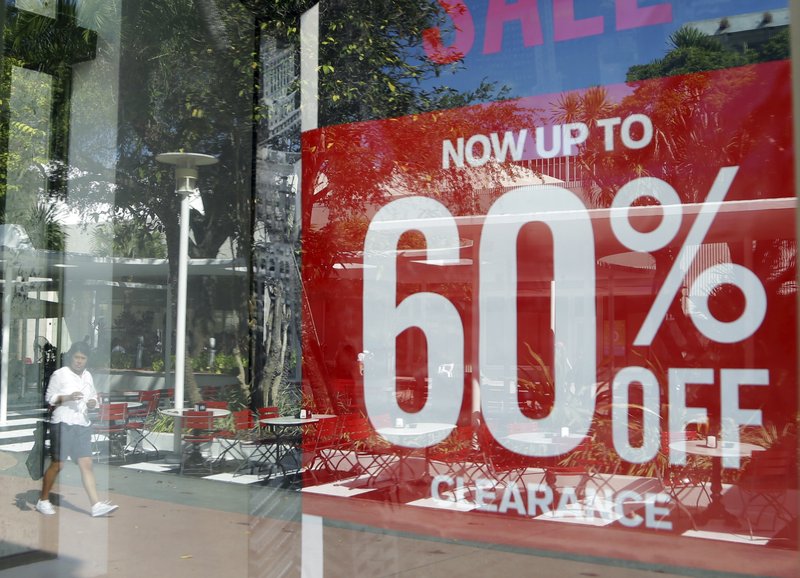 This Wednesday, Sept. 21, 2016, photo, shows a sign advertising a sale in the window of an Express store on Lincoln Road Mall, in Miami Beach, Fla. 