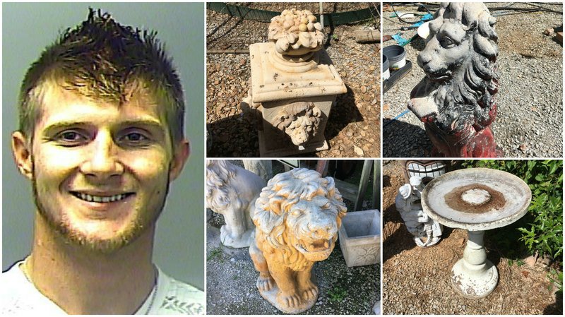 Michael Ransom Hobbs, 24, of Mountain Home (left) is accused of stealing several lawn ornaments, including four photographed, from addresses in Baxter County over a four-month period.