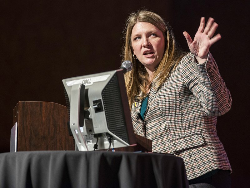 Kathy Deck, University of Arkansas director center for business and economic research Sam M. Walton College of Business, speaks Jan. 29 at the 2016 Business Forecast at the John Q. Hammons Center in Rogers.