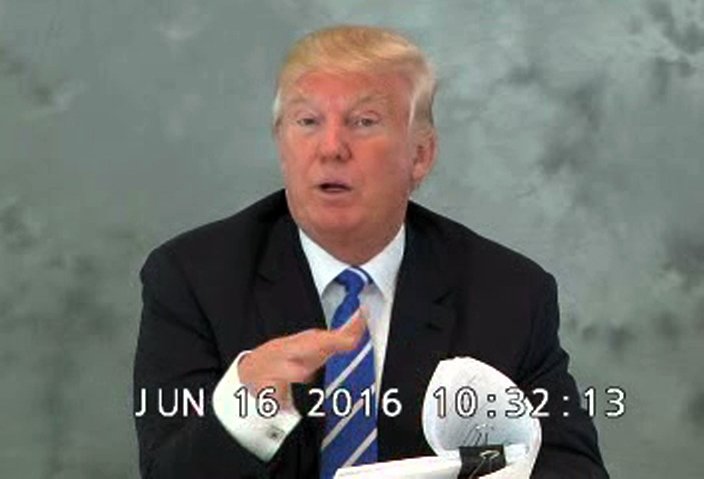 In this image from video provided via CBS News, Donald Trump speaks during a videotaped deposition on June 16, 2016. In the newly released videotaped deposition, Trump says his presidential run could boost business at his hotels and increase the value of his personal brand. 