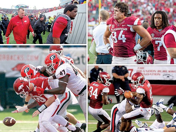 Arkansas Democrat-Gazette Razorback photo illustration. Shown clockwise from upper left, 2013 loss to Ole Miss, 2015 loss to Toledo, 2013 win over Samford and 2014 loss to Georgia.