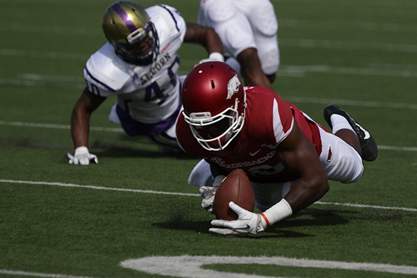 Arkansas' La'Michael Pettway recovers an onside kick during a game against Alcorn State on Saturday, Oct. 1, 2016, at War Memorial Stadium in Little Rock. 