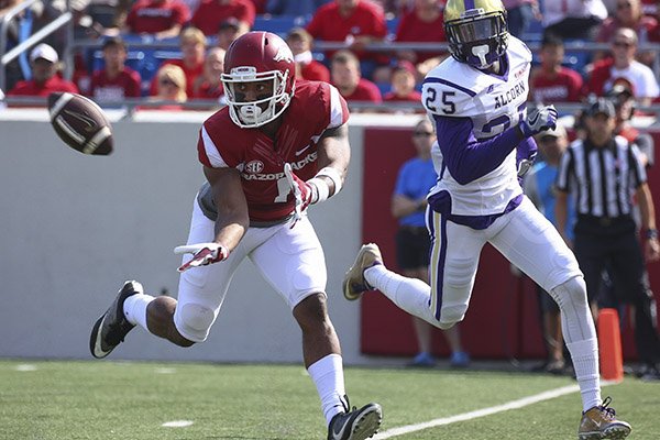 Arkansas receiver Jared Cornelius catches a touchdown during a game against Alcorn State on Saturday, Oct. 1, 2016, at War Memorial Stadium in Little Rock. 