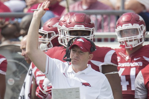 Arkansas defensive coordinator Robb Smith during the Razorbacks' game against Alcorn State on Saturday, Oct. 1, 2016, at War Memorial Stadium in Little Rock. 