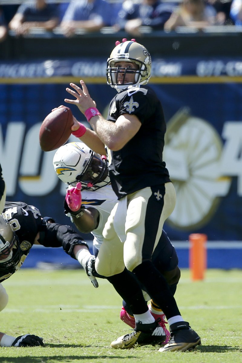 New Orleans Saints quarterback Drew Brees completed 23 of 36 passes for 206 yards and 2 touchdownsagainst the San Diego Chargers on Sunday in San Diego.