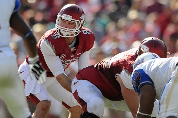 Arkansas quarterback Tyler Wilson prepares to snap the ball during a game against Tulsa on Saturday, Nov. 3, 2012, at Razorback Stadium in Fayetteville. 