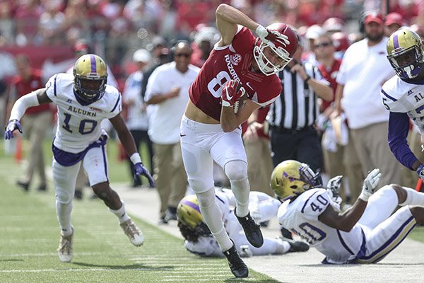 Arkansas receiver Cody Hollister runs during a game against Alcorn State on Saturday, Oct. 1, 2016, in Little Rock. 