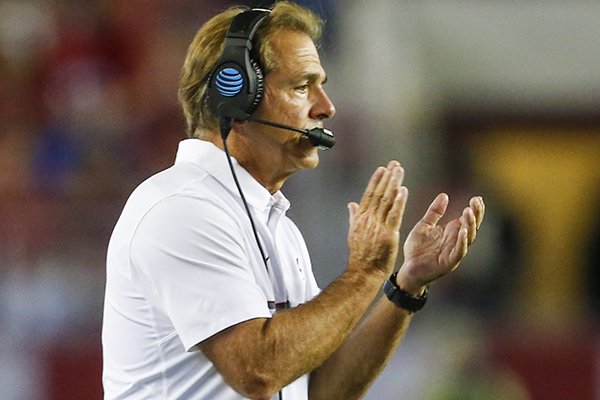 Alabama head coach Nick Saban reacts to a play during the second half of an NCAA college football game against Kentucky, Saturday, Oct. 1, 2016, in Tuscaloosa, Ala. (AP Photo/Butch Dill)

