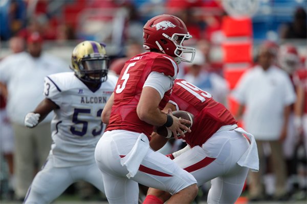 Arkansas quarterback Ty Storey runs a play during a game against Alcorn State on Saturday, Oct. 1, 2016, at War Memorial Stadium in Little Rock. 