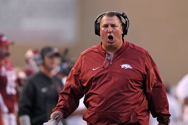 Arkansas coach Bret Bielema reacts to a call during a game against Texas State on Saturday, Sept. 17, 2016, in Fayetteville. 