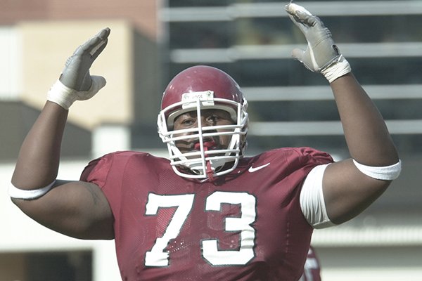 Arkansas offensive lineman Shawn Andrews reacts to a play during a game against Ole Miss on Saturday, Oct. 26, 2002, in Fayetteville. 