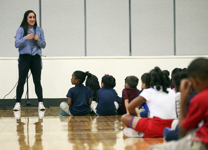 Olympic gold medalist Jordyn Wieber, who competed on the US Gymnastics Team in the 2012 London Olympics, participates in a question and answer session with students at Ridege Road Elementary School in North Little Rock. The Kellogg’s Tour of Gymnastics Champions, which visited North Little Rock’s Verizon Arena on Wednesday, features Wieber and other US Olympic Men's and Women's Gymnastic Team members at Verizon Arena.