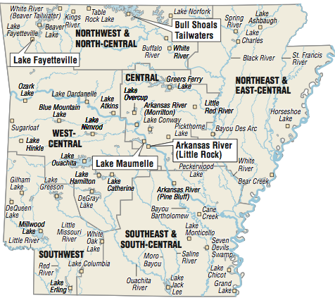 A map showing the location of Arkansas fishing spots.