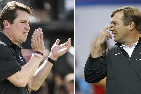 At left, in a Sept. 17, 2016, file photo, South Carolina head coach Will Muschamp communicates with players before an NCAA college football game against East Carolina, in Columbia, S.C. At right, in a Sept. 3, 2016, file photo, Georgia head coach Kirby Smart gestures as his players warm up before an NCAA college football game against North Carolina in Atlanta. Smart and Muschamp have been friends since they played safety for the Georgia Bulldogs. Now the two coaches are set to meet for the first time Saturday night with Smart back at their alma mater and Muschamp at South Carolina. (AP Photo/File)