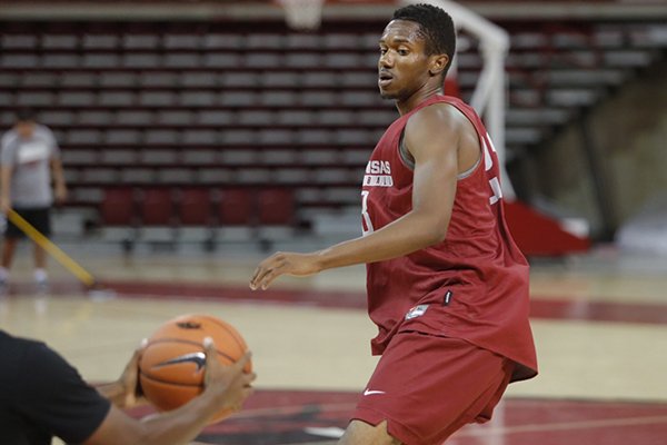 Arkansas guard C.J. Jones goes through practice Wednesday, Oct. 5, 2016, at Bud Walton Arena in Fayetteville. 