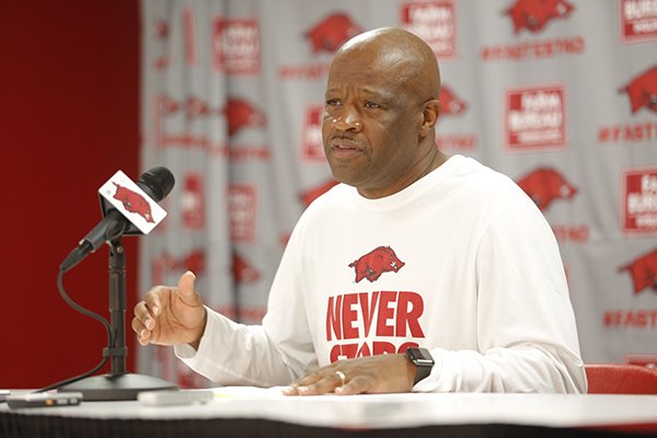 Arkansas coach Mike Anderson speaks to the media during the Razorbacks' annual media day on Wednesday, Oct. 5, 2016, at Bud Walton Arena in Fayetteville. 