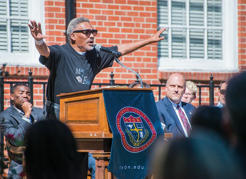 Slayton Thompson, community liaison for Bethel African Methodist Episopal Church in Batesville, shares his thoughts on the community and what needs to be done for peace at the Lyon College Peace Rally on Sept. 29.