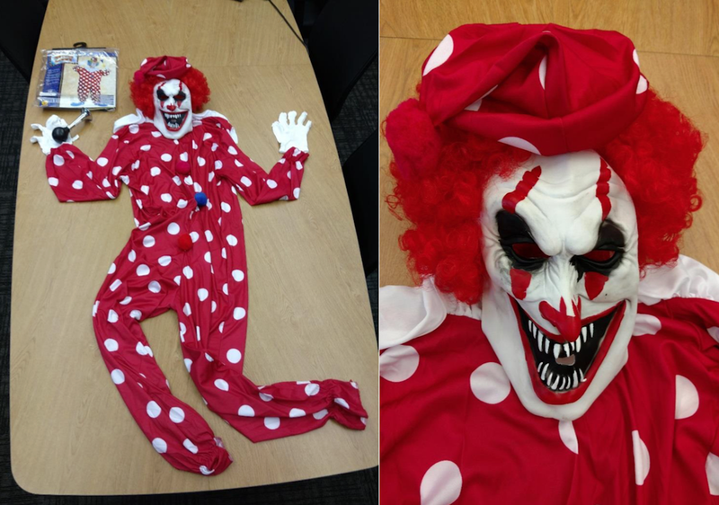 The clown costume that Bentonville police say Aaron Lee Scott, 18, of Bella Vista was wearing Wednesday, Oct. 5, 2016, while traveling to public areas around the city.