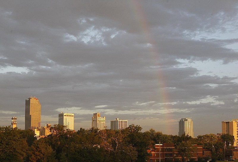 Arkansas Democrat Gazette/JEFF MITCHELL - 10/01/2016 - A rainbow appears over the skyline of Little Rock after a series of brief rain showers moved through the area early Wednesday morning, October 5, 2016.