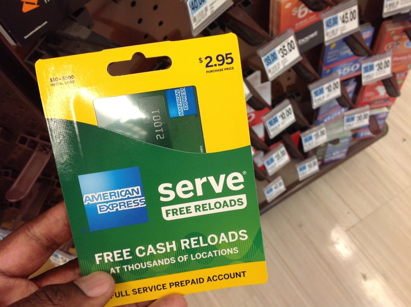 This Monday, March 7, 2016, photo, shows an American Express Serve prepaid debit card for sale at a store, in New York. 