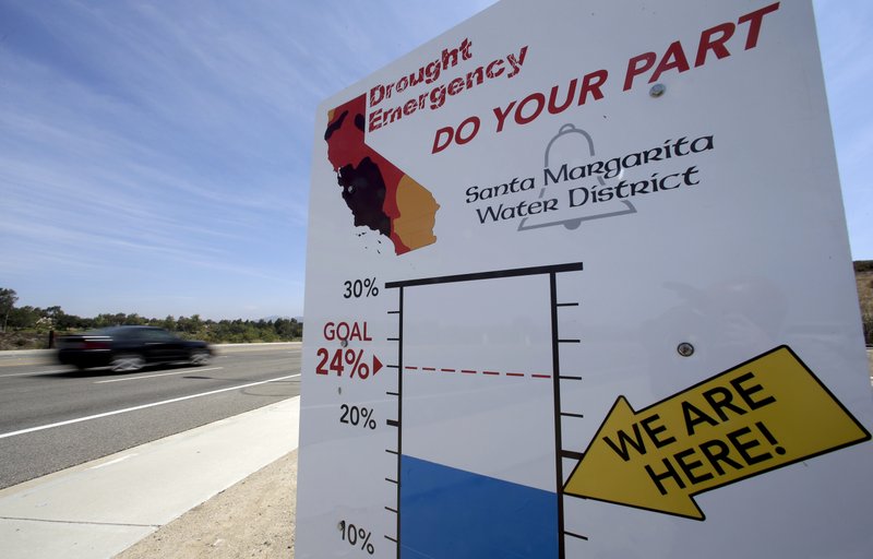 In this July 2, 2015, file photo, cars drive by a sign encouraging residents to save water in Rancho Santa Margarita, Calif. 