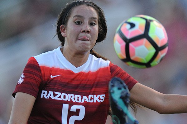 Arkansas' Claire Kelley redirects the ball against Vanderbilt Thursday, Oct. 6, 2016, during the first half of play at Razorback Field in Fayetteville.