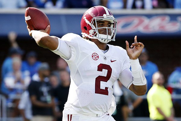 Alabama quarterback Jalen Hurts (2) attempts a pass against Mississippi in the first half of an NCAA college football game, Saturday, Sept. 17, 2016 in Oxford, Miss. (AP Photo/Rogelio V. Solis)

