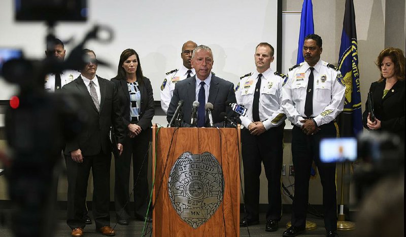 St. Cloud, Minn., Mayor Dave Kleis speaks during a news conference Thursday at the police station in regard to last month’s stabbing attack at a shopping mall in the city..