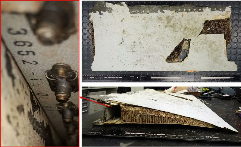 Photos show a piece of aircraft wing flap stored at the Australian Transport Safety Bureau’s laboratory in Canberra. 