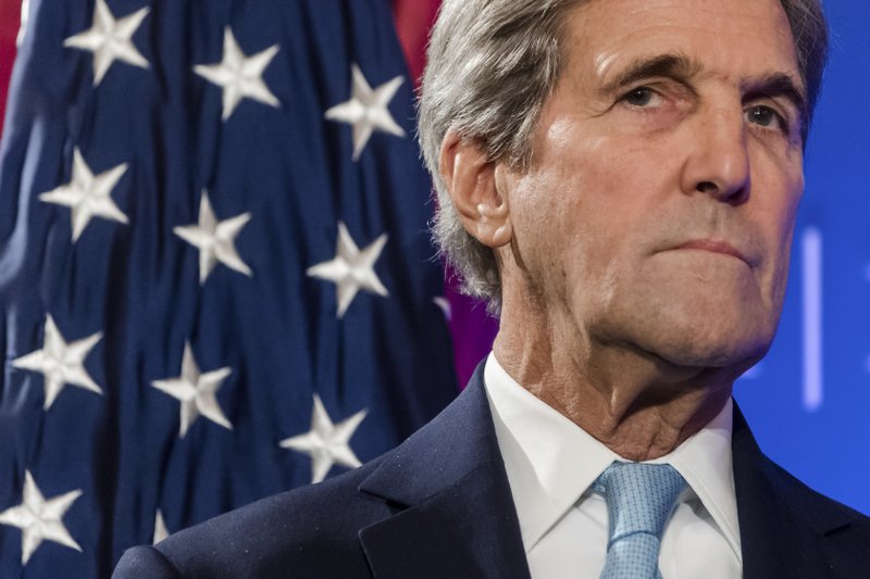 In this Oct. 4, 2016 photo, U.S. Secretary of State John Kerry pauses, during a speech at an event hosted by The German Marshall Fund (GMF) and the U.S. Mission to the EU at Concert Noble in Brussels. 