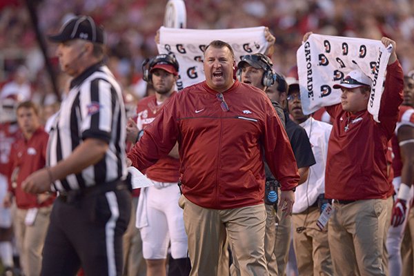 Arkansas coach Bret Bielema yells at officials during a game against Alabama on Saturday, Oct. 8, 2016, in Fayetteville. 